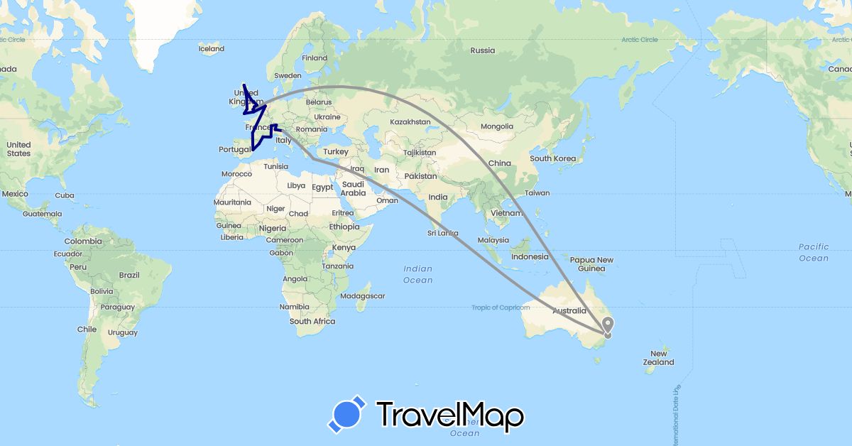 TravelMap itinerary: driving, plane in Australia, Switzerland, Spain, France, United Kingdom, Greece, Italy, Liechtenstein, Netherlands (Europe, Oceania)